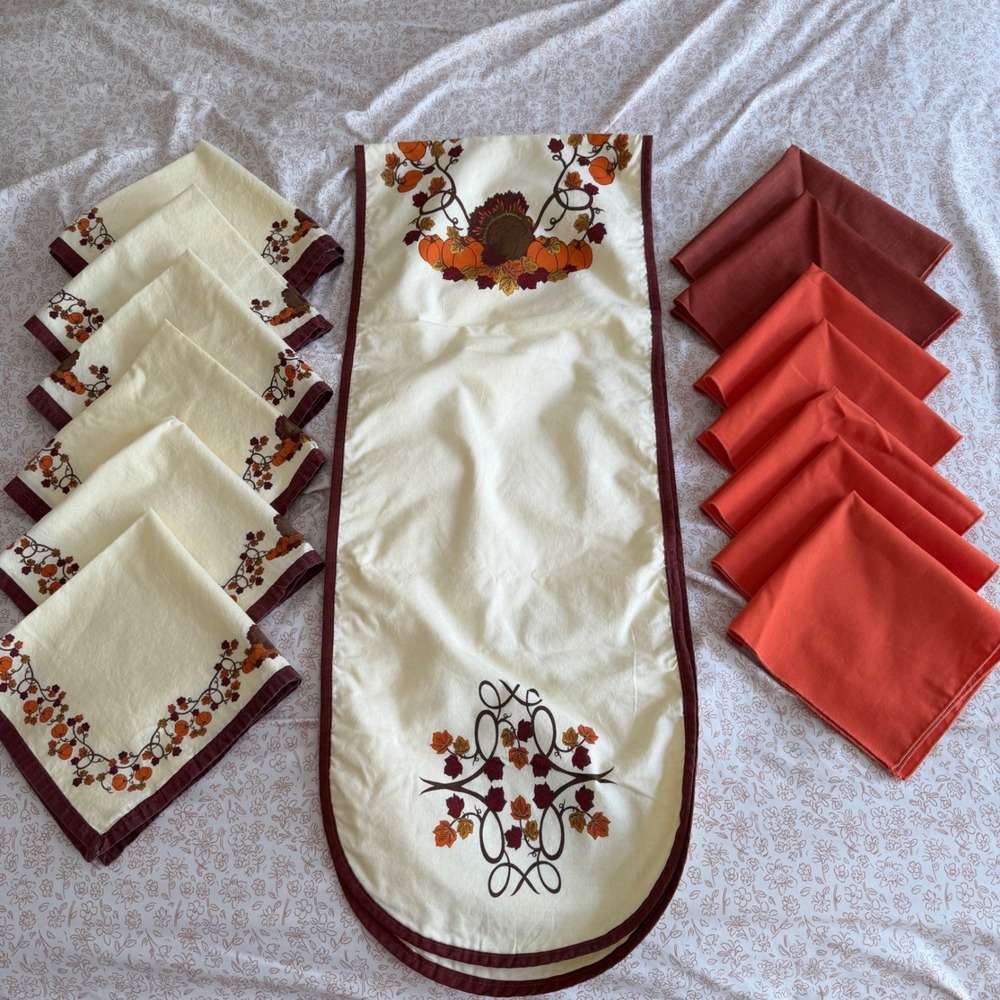 Thanksgiving Table Runner and Napkin Set 14pc Turkey Pumpkin Autumn Harvest VTG